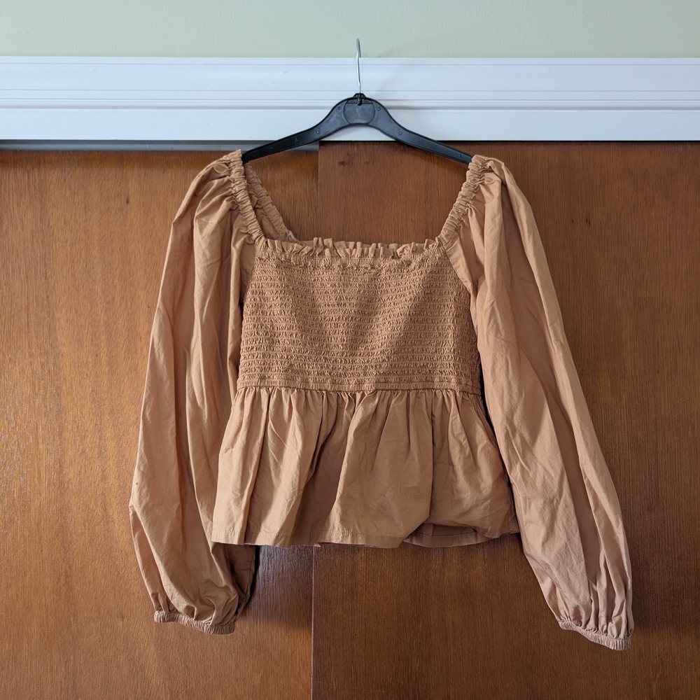 J. Crew Tan Smocked Square-Neck Summer Nude Top